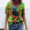 Summer V-neck 3D Cat Printed Top Fashionable Casual Short Sleeved Women's T-shirts