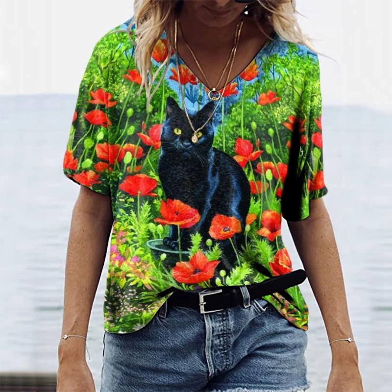 Summer V-neck 3D Cat Printed Top Fashionable Casual Short Sleeved Women's T-shirts