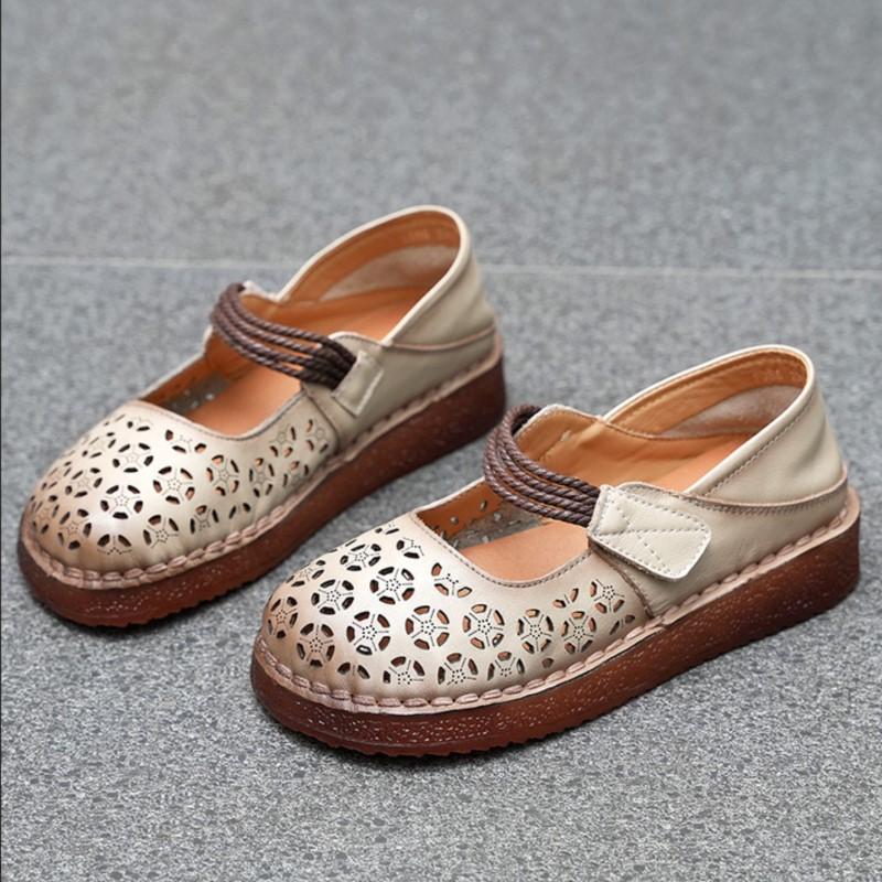 Johnature Women's Flat Shoes Retro Round Toe Genuine Leather Hollow-out Breathable Soft Soled Sandals