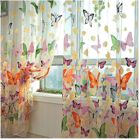 Curtains, 2Pcs 39.4x78.8 Butterfly Patterns Flocking Voile Tulle Window Curtain Sheer for Girl Room - Colorful