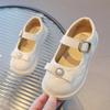 2024 Spring New Korean Style Children's Leather Shoes for Girls Sweet Bow Princess Pearl Hook & Loop Loafers Casual Simple Flats