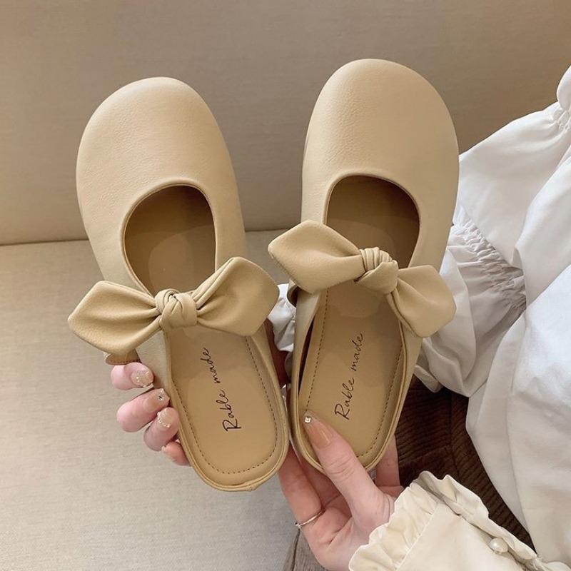 Модные тапочки Baotou с мягкой подошвой, летние новые туфли с круглым носком и бантом, полуподдерживающие одинарные туфли