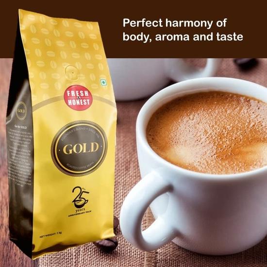 Fresh & Honest GOLD | Зерновой кофе | Юбилейная упаковка 25 лет | Смесь арабики и робусты | 1 килограмм