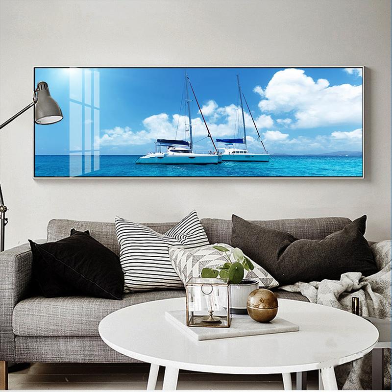 Голубое небо, облака, морской пейзаж, лодка, корабль, пейзаж, холст, живопись, постеры и принты, настенные панно для гостиной, домашний декор, без рамки