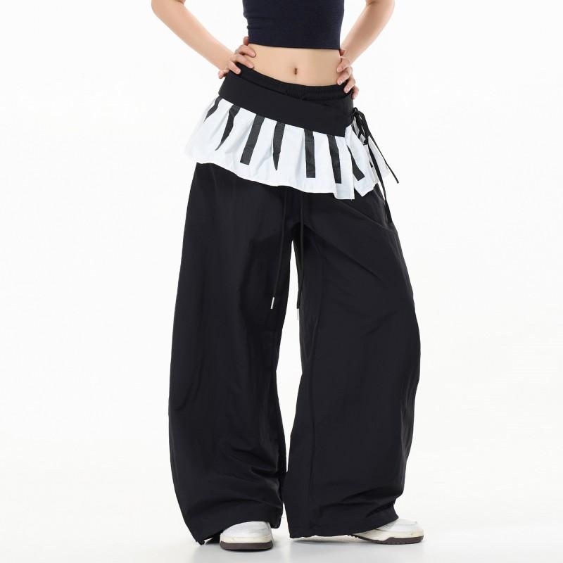 Unisex Wide Leg Cargo Pants With Detachable Back Skirt Panel Nylon Utility Street Dance Trousers