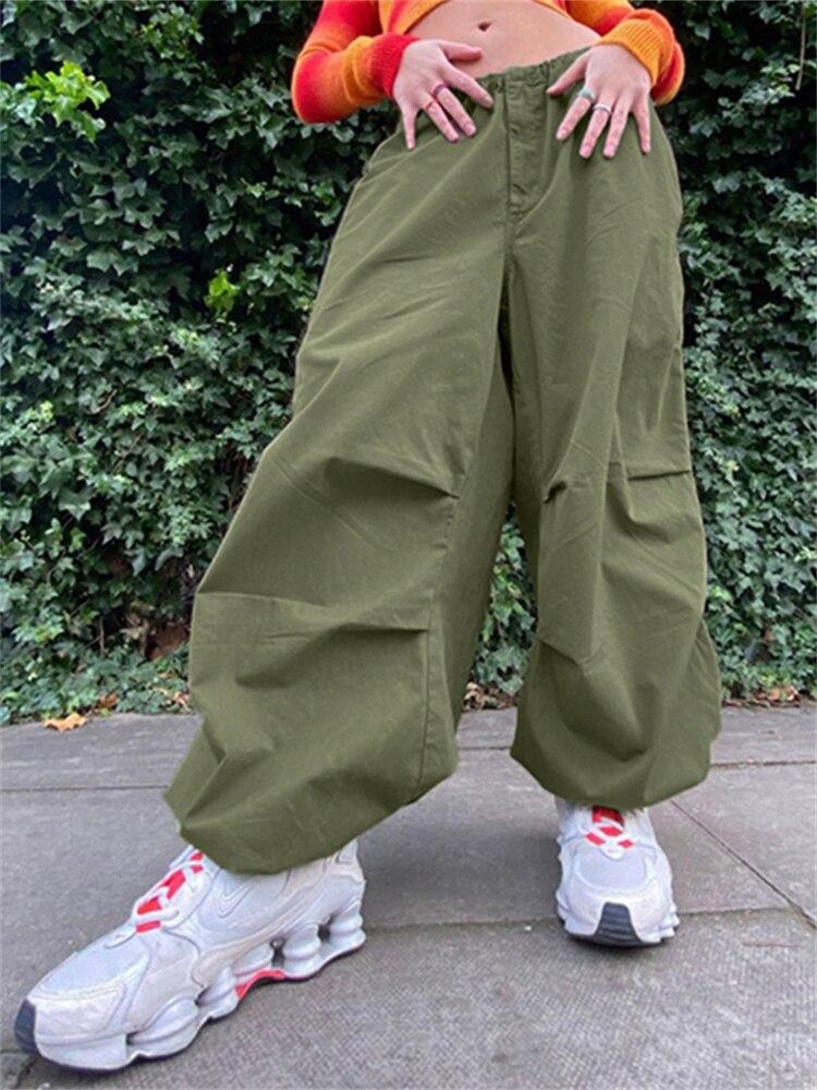Женские повседневные мешковатые широкие спортивные штаны, модные винтажные шикарные однотонные брюки на шнурке, свободные уличные брюки Y2K для бега, брюки-карго
