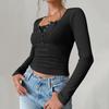 Women's Casual V-neck Buttoned Sexy Slim Ribbed Knit Long-sleeve Top