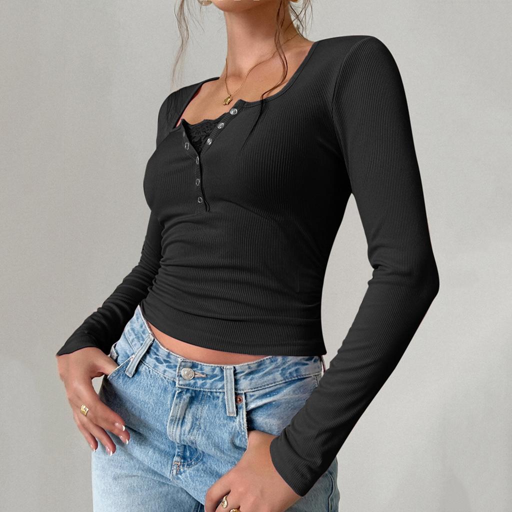 Women's Casual V-neck Buttoned Sexy Slim Ribbed Knit Long-sleeve Top