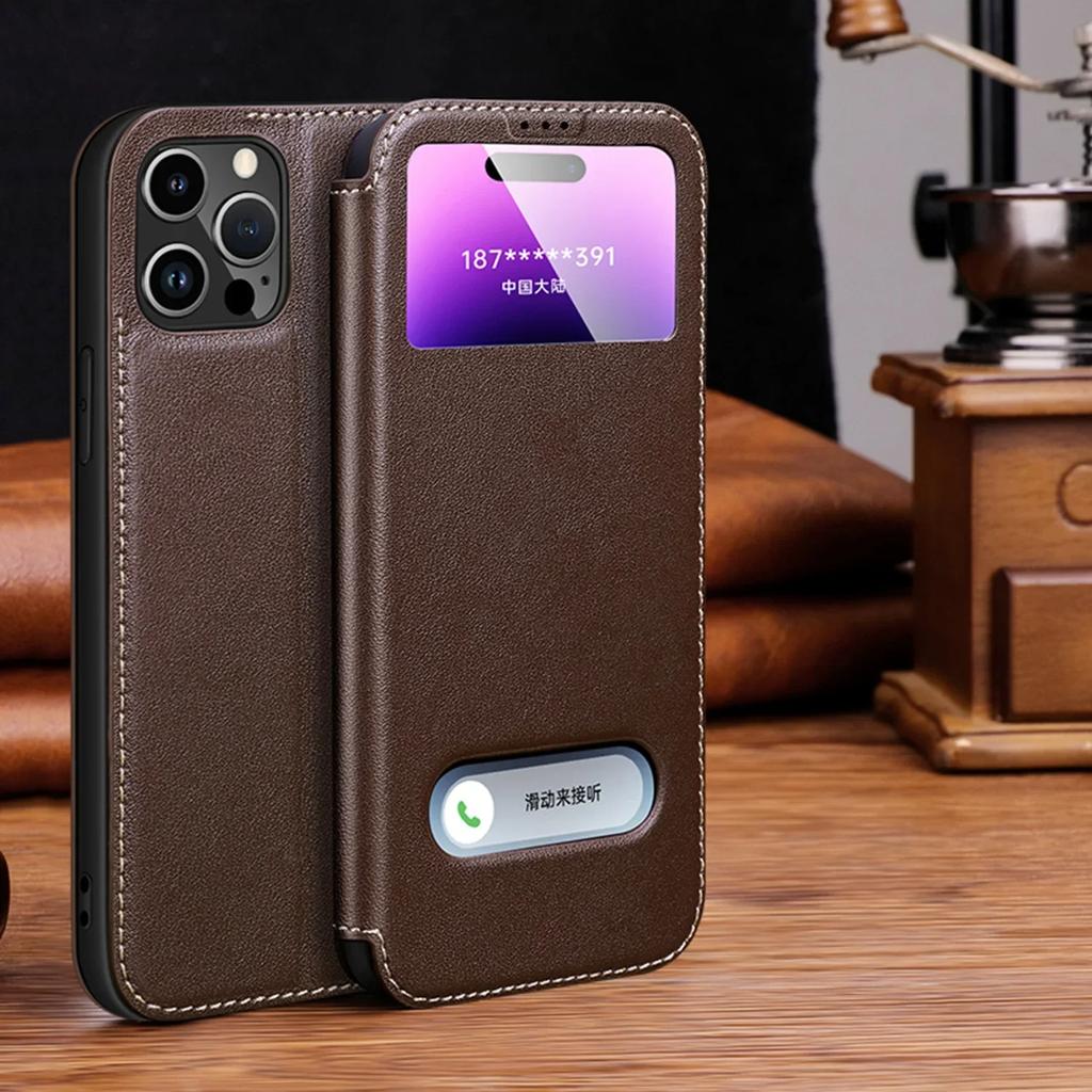 Genuine Leather Clear View Window Phone Case for IPhone 16 15 Plus 14 13 12 Pro Max Magnetic Flip Holder Cover