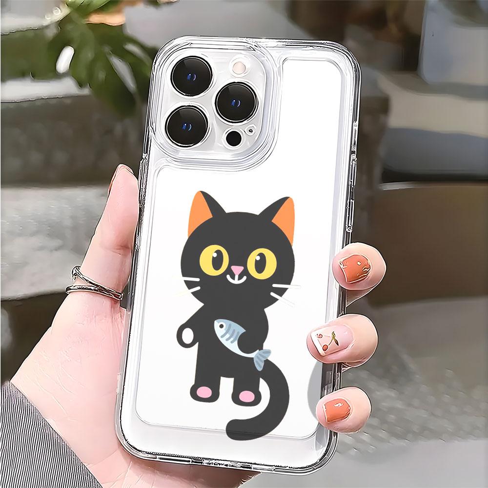 Милый Черный Кот с Рыбой Прозрачный Мягкий TPU Чехол для Телефона для Xiaomi Redmi Note 15 14 13 12 11 10 9 Pro Plus 4G 5G Мягкий Чехол