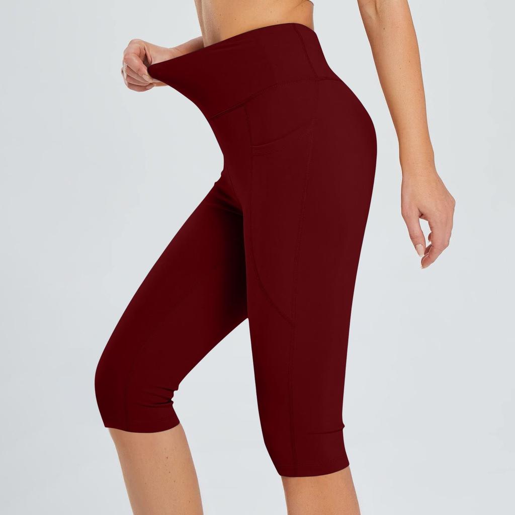 Women  Elastic High Waist 3/4 Pant Casual Active  Fit Wide Capris Leg Pants Trousers With Pockets