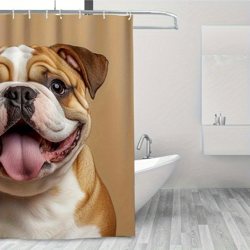1pc Happy Smiling English Bulldog Shower Curtain - Easy Clean, Vibrant Art Print for Bathroom, Bathtub & Window Decoration