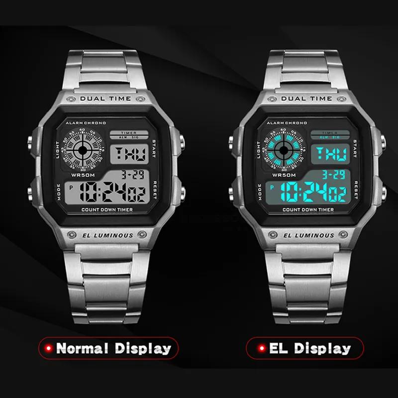 Men's Digital Watch Stainless Steel Strap Sport Watches Men Military Clock LED Sport Wristwatch