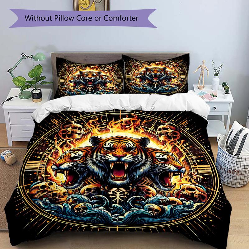 3pcs Flaming Tiger Amidst Waves Pattern Bedding Set, 1* Cover + 2*Pillowcases, Printed Bedding Set, Soft and Comfortable, Suitable for Bedroom an