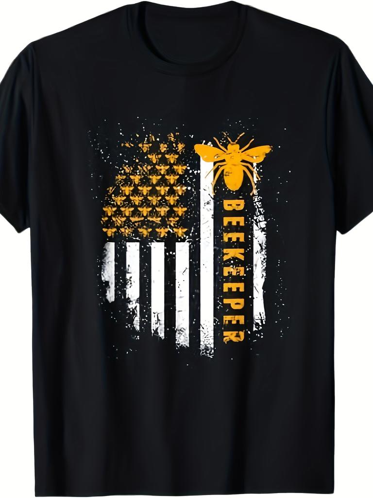 Beekeeper American Flag Bee Graphic Mens Cotton TShirt Casual Short Sleeve Tee