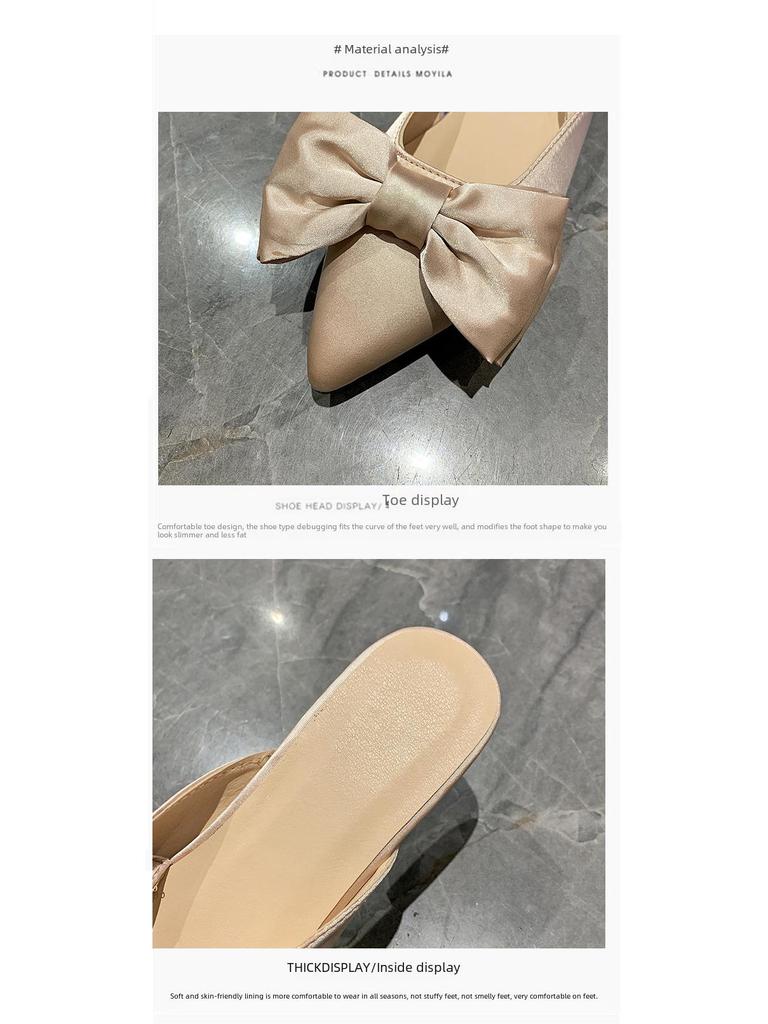 2022 Европейские женские шелковые босоножки с острым носком и бантом - Летние двухкомпонентные босоножки на квадратном каблуке