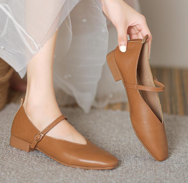 Woman Elegant French Square Toe Mary Janes Casual Flats Female Summer Loafer Shoes Woman Retro Low Heeled Soft Soled Flat Shoes