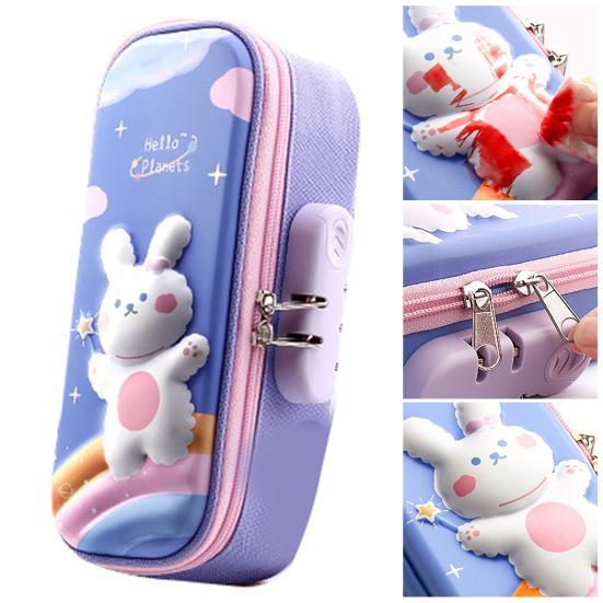 Сумка-карандаш, двухслойная 3D-печать, гладкая двойная молния, дизайн с паролем, милый узор кролика, компактная коробка для канцелярских принадлежностей с ручкой, ежедневное использование