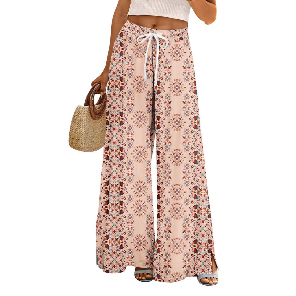 Women Summer Boho Palazzo Pants High Waist Wide Leg Rinting Casual Trousers With Pockets