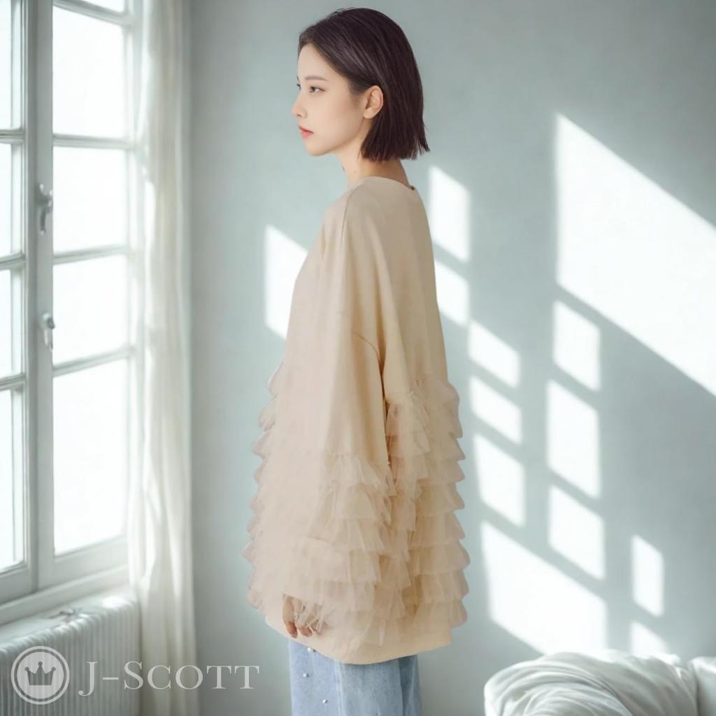 Женский пуловер J-Scott с тюлевыми оборками, длиной туники, с круглым вырезом, объемными рукавами, цвета слоновой кости (JS158-IV-S) - Ограниченный запас