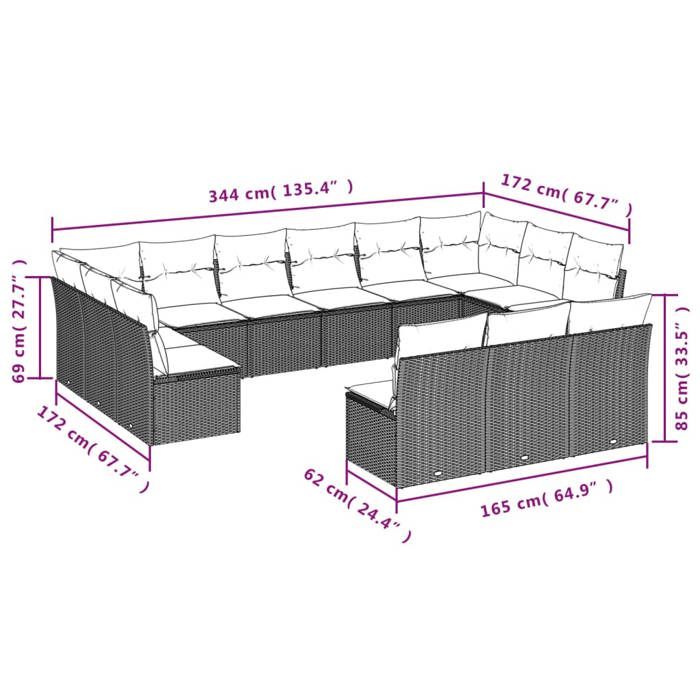 VidaXL Salon de Jardin avec Coussins 14 pcs, Canapés de Patio, Ensemble de Meubles, Mobilier de Terrasse Extérieur, Noir 3223935