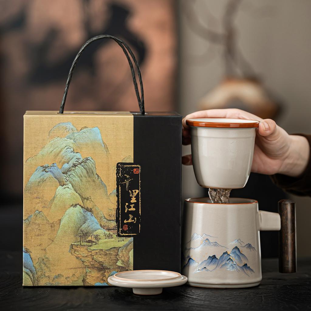 Ru kiln teacup office cup high-end personal special ceramic mug with lid filter tea separation drinking cup