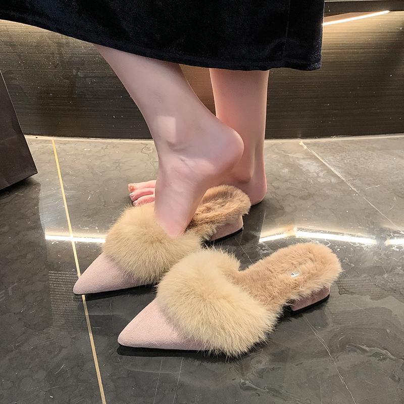 Fashion Baotou Fur Slippers for Women To Wear In Autumn and Winter, High-heeled Internet Celebrity Pointed Toe Block Heel Semi-slippers