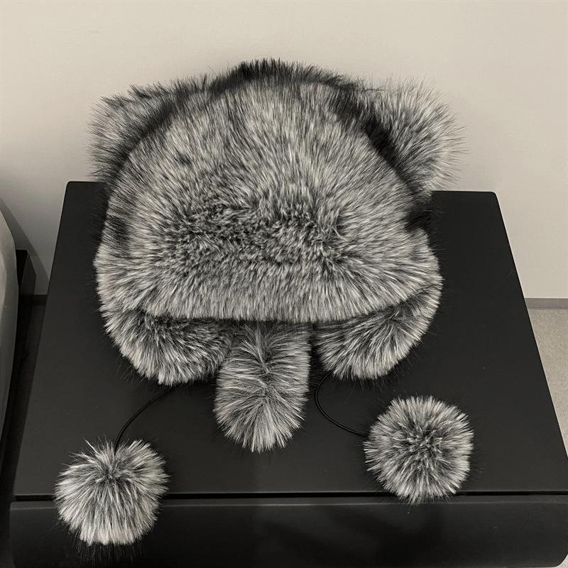 Y2K Winter New Style Fox Fur Bomber Hat with Thickened Earmuffs for Women Paternity Raccoon Ear Caps