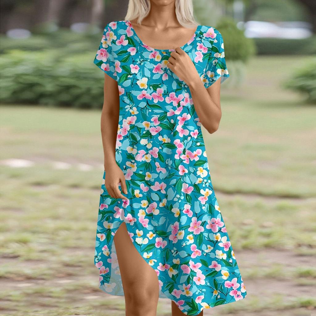 Short Sleeve Boho Dress For Women Casual Loose Fit Summer Sundress Floral Print Dress With Pockets