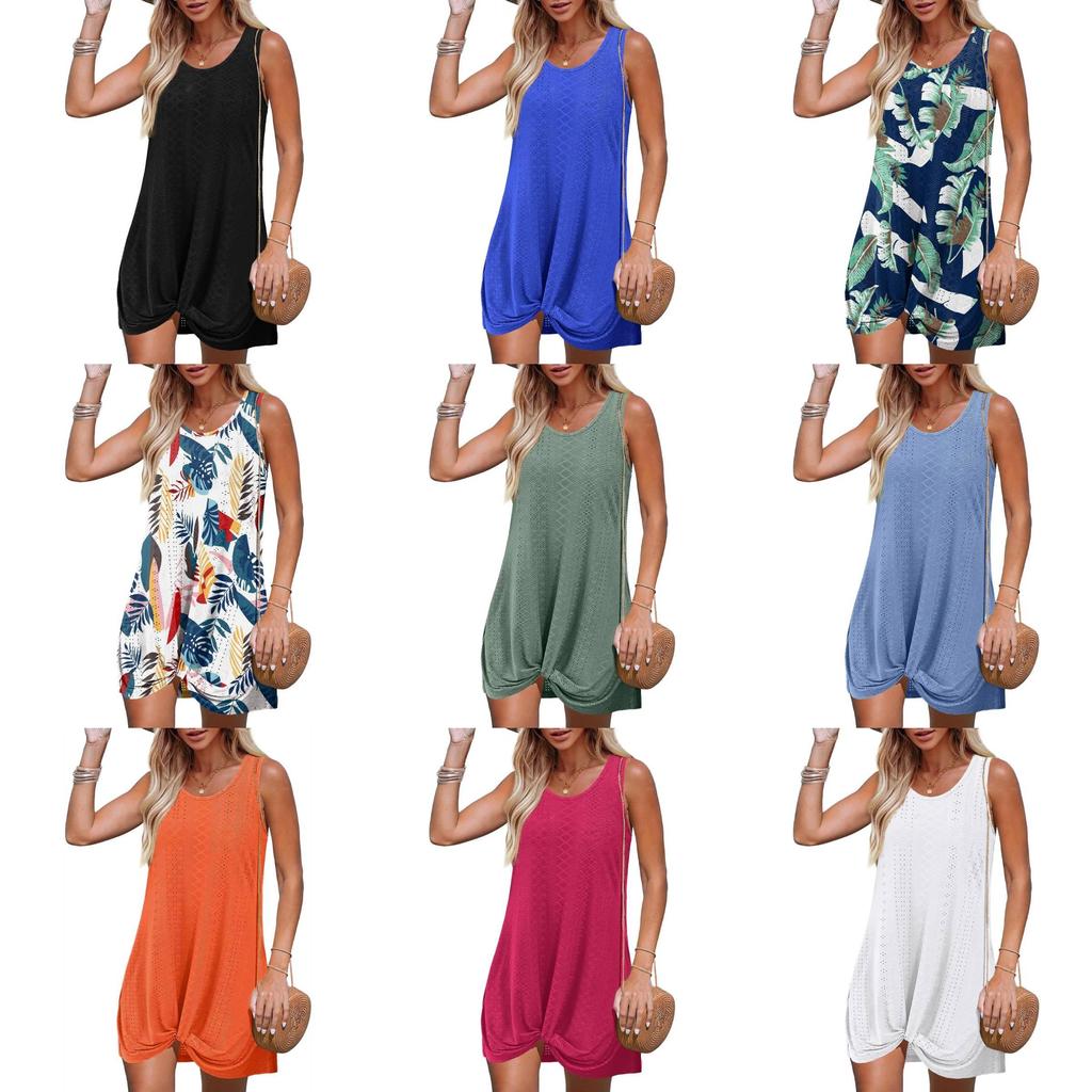 Polyester Splicing Aline Mini Dress With Twist Knot For Summer Beach Vacation Wear