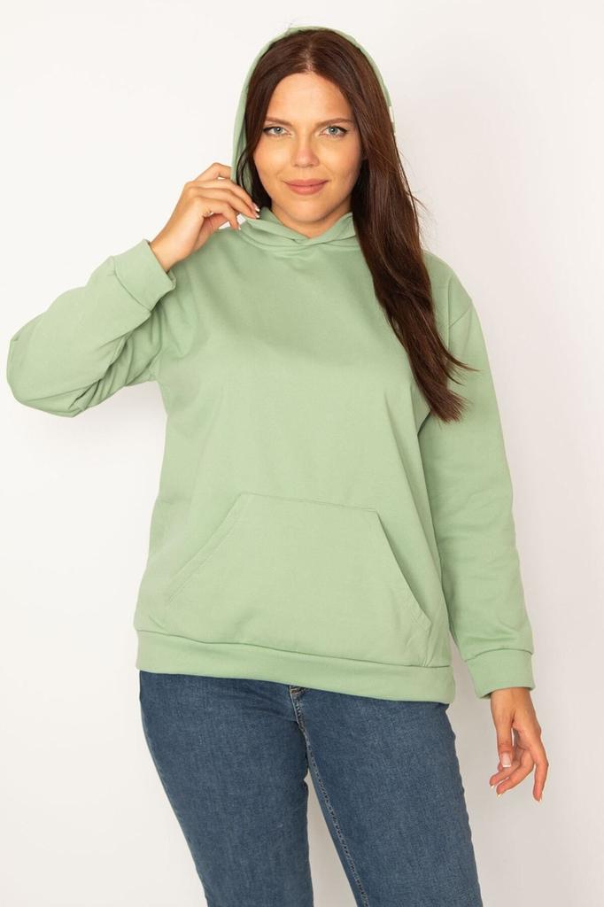 Women's Style Big Size Sweatshirt Large Size Green Hooded Sweatshirt With Kangaroo Pocket And Ribbon Inside
