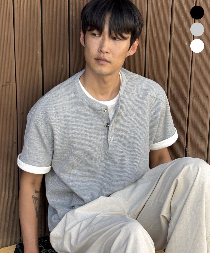 INDUST Cut-Line Waffle Henley Neck Short Sleeve T-Shirt_3Color