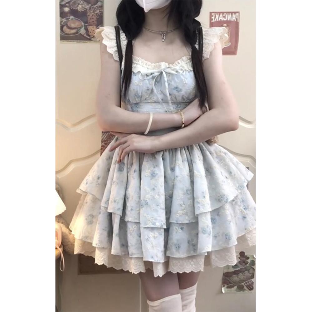 Sweet Pure Desire Small Flying Sleeves Floral Dress Women's Summer French Waist Small Princess Puffy Cake Short Dress