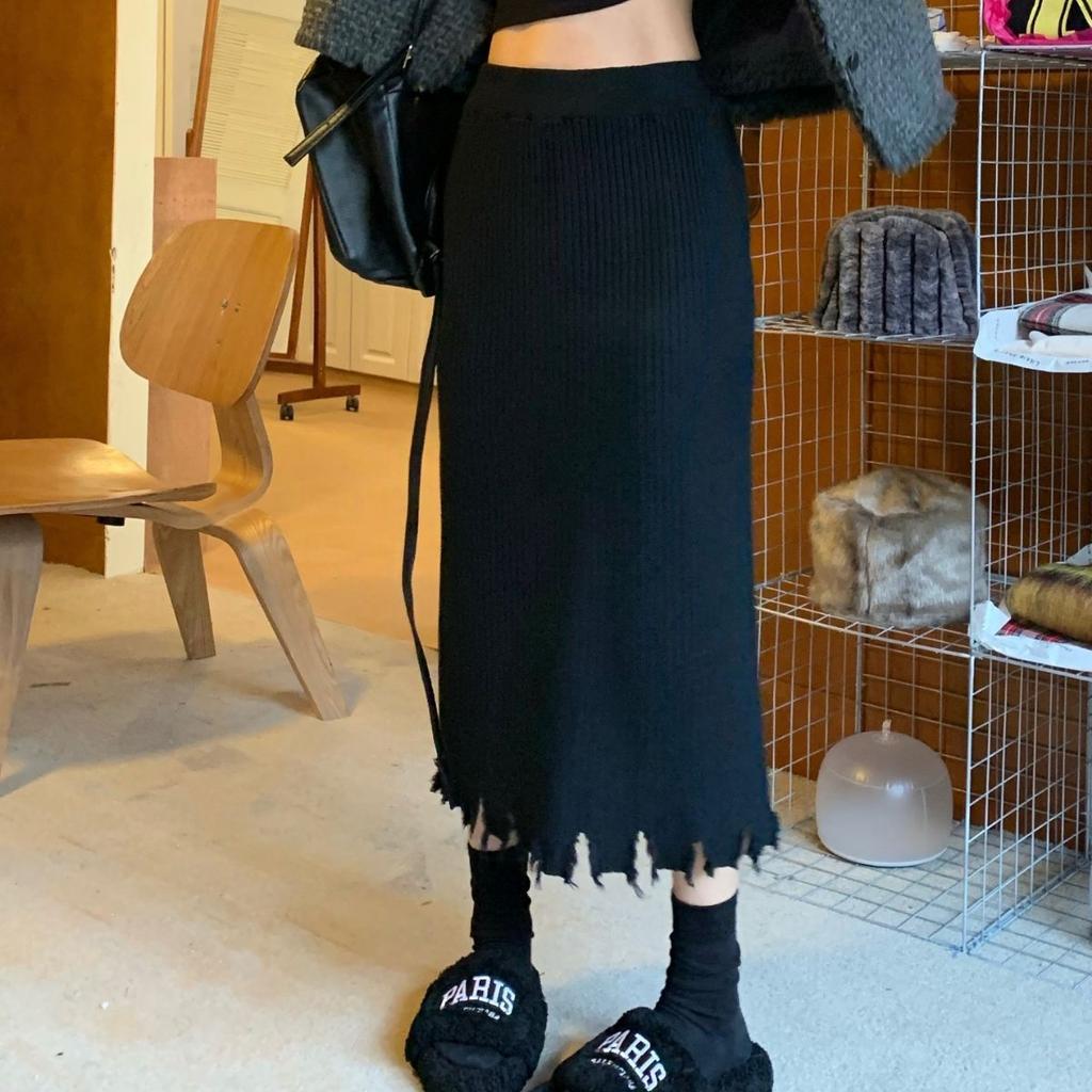 Thickened High Waisted Knitted Skirt for Women In Winter Slim and Medium Long Straight Leg Skirt