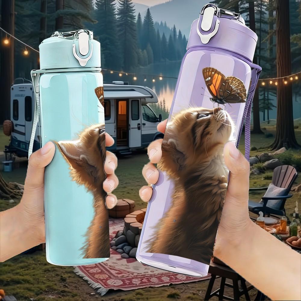 1PC Curious Cat Back View Animal Print 750ml Color Plastic Sports Water Bottle Leakproof Flip Straw Lid Suitable for Sports Office Home Use