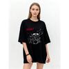 Oversized T-Shirt Black Drummer Cartoon Print BOOM Text Graphic Tee Casual Streetwear for Women and Men