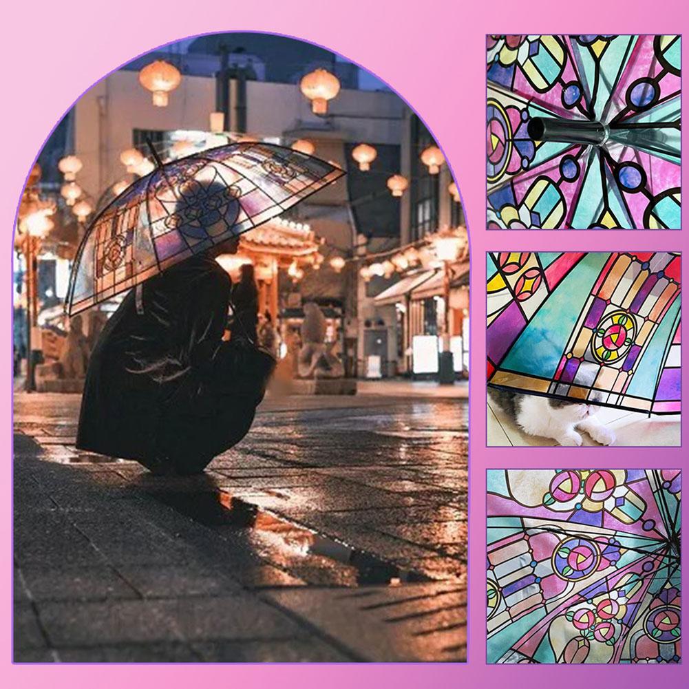 Vintage Church Transparent Umbrella Photo Props Colorful Glass Pattern Romantic Sunny Dual Use Of Rain And Light Girls Parasol