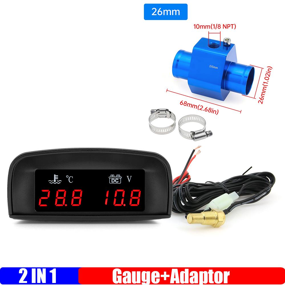 0~120 Celsius Water Temperature Gauge+Voltmeter 2 In 1 LCD Meter Red Light Digital Gauge with Sensor Adaptor for Car 12V 24V