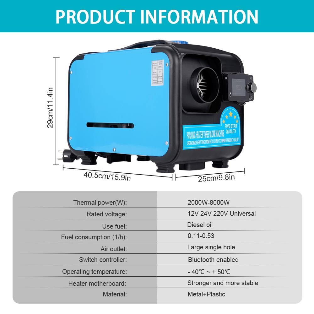 Универсальный дизельный воздушный отопитель 12В&24В&220В AC&DC Все в одном Стояночный отопитель 2-8 кВт с Bluetooth-управлением для дома, автодома, транспортного средства