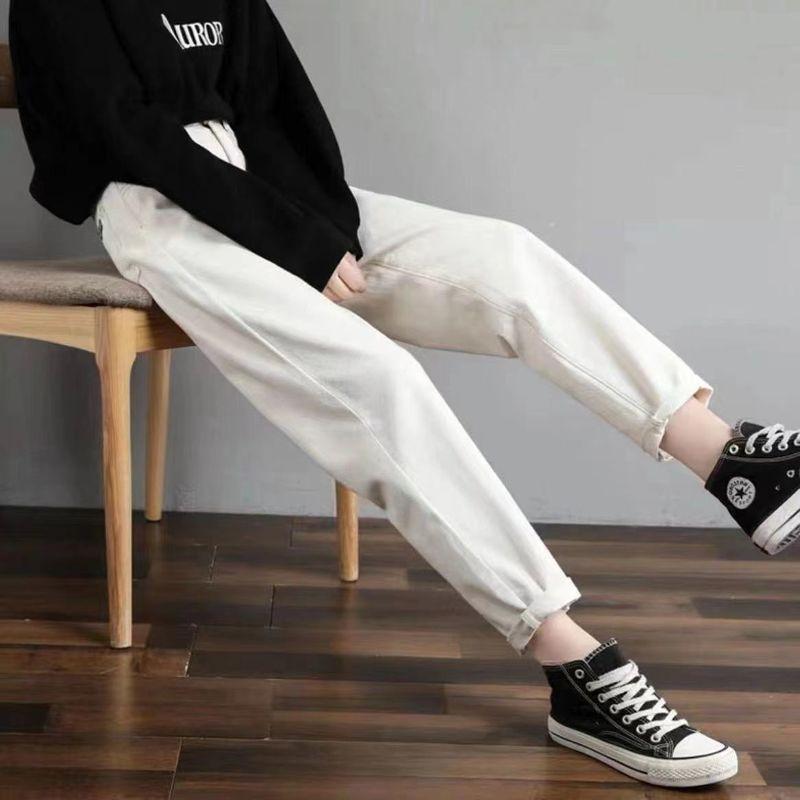 Укороченные брюки, сплошной цвет, джинсы больших размеров, женские свободные повседневные шаровары с высокой талией