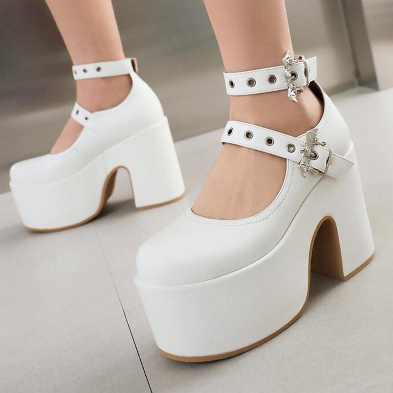 FOREADA Женские туфли-лодочки из искусственной кожи на очень высоком каблуке-копытце, с круглым носком и ремешком на щиколотке с пряжкой в панк-стиле, весенне-осенняя обувь, белые