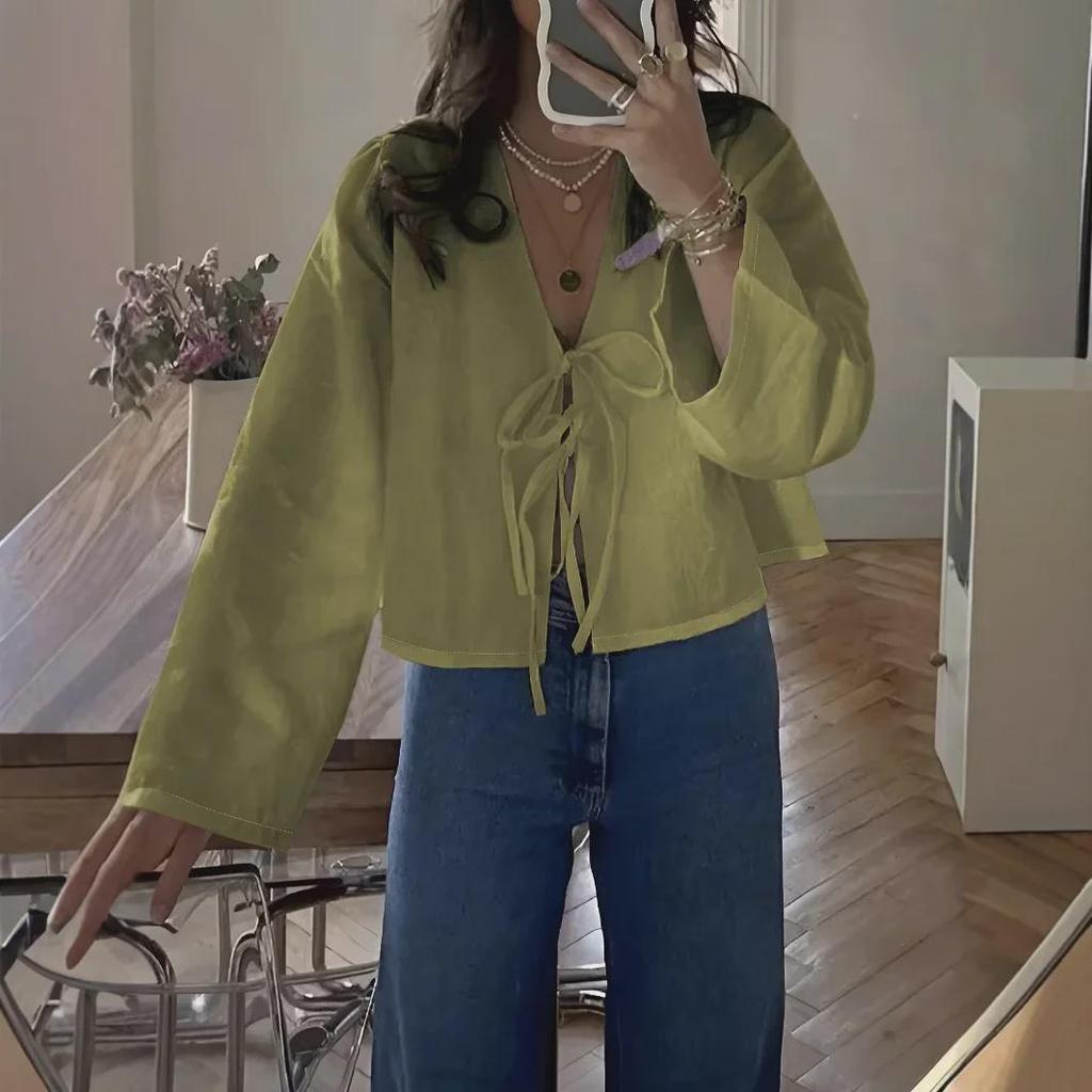 Женская рубашка Commuter Shirt с длинным рукавом, V-образным вырезом, шнуровкой, однотонная