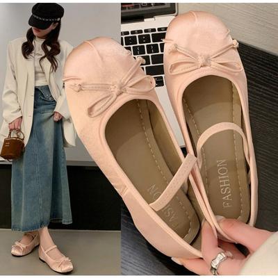 Мода 2025Балетки Женская обувь Обувь Джейн Круглый носок Бант Шелковый атлас Балетки Большой размер