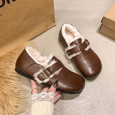 Мода Женская Мода Балетки Зима Новые Круглый Носок Глубокий Вырез Кожа Мягкая Подошва Противоскользящие Износостойкие Низкие Туфли