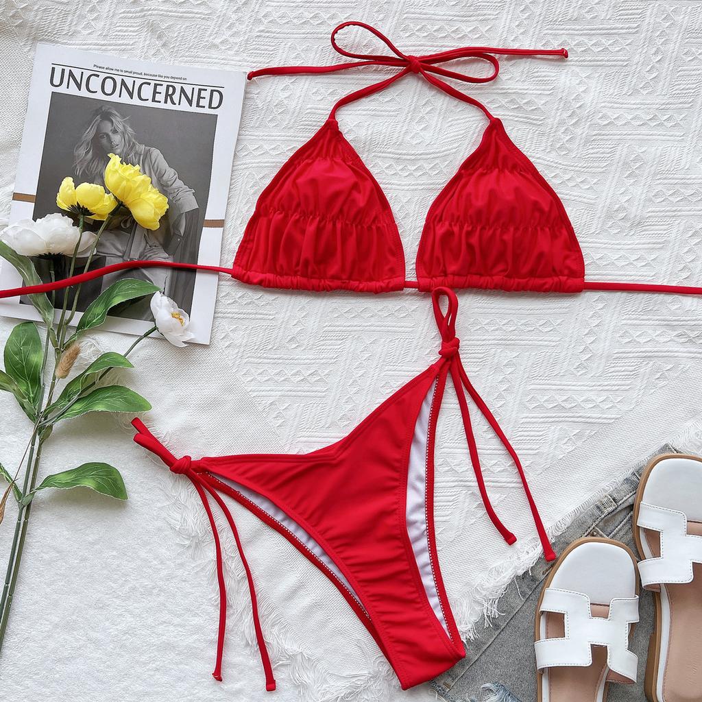 Женский купальник, сплошной цвет, сексуальный комплект бикини с треугольной лямкой и завязкой на спине, 5 цветов