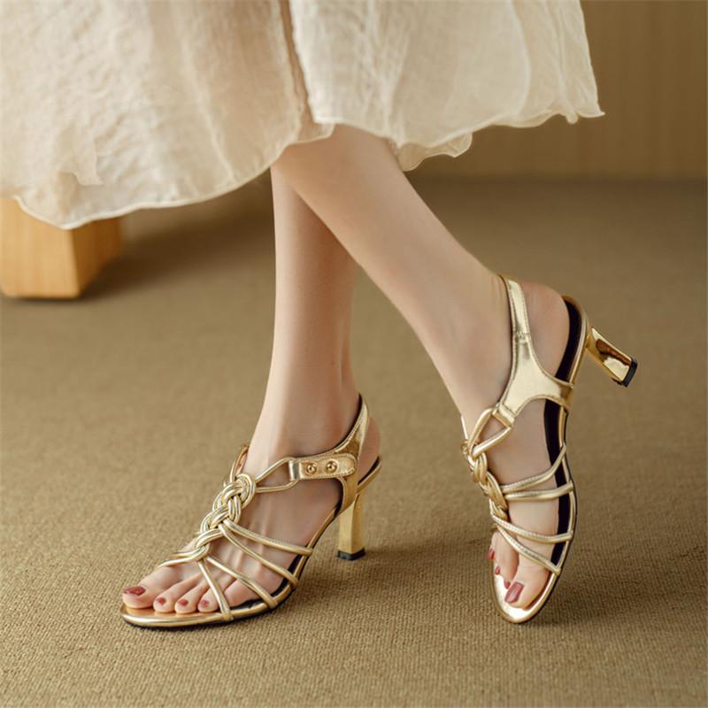 Fashion New Summer Sandals Split Leather Sandals for Women Fashion Round Toe High Heels Sandals Ladies Shoes Golden Gladiator Shoes