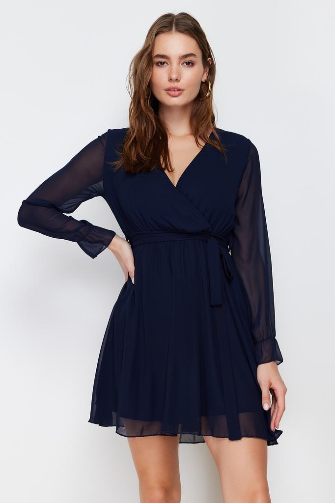 Женское стильное платье Черное двубортное тканое платье с поясом