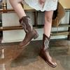 Winter Vintage Brown Women Boots Cowboy Boots Women 2025 Embroidered Square Toe Brown Long Boots Chunky Mid Calf Women Shoes