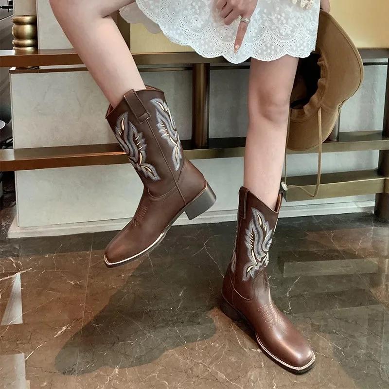 Winter Vintage Brown Women Boots Cowboy Boots Women 2025 Embroidered Square Toe Brown Long Boots Chunky Mid Calf Women Shoes