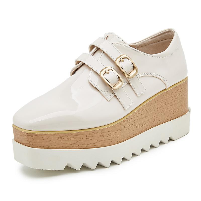Japanned Leather Double Buckle Brogue Shoes Woman Square Toe High Pltaform Flats Mixed Color Bottom Muffins Shoes for Woman 2024
